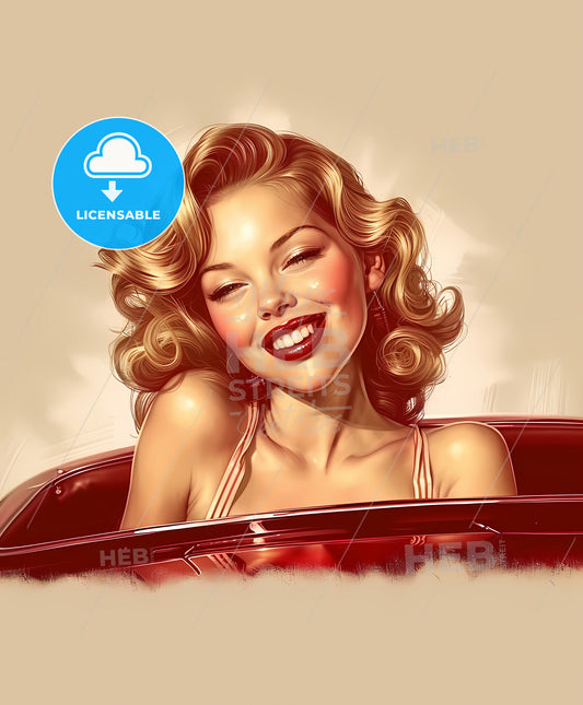 Beautiful, vintage car, sweeping overdrawn lines, a woman smiling in a car