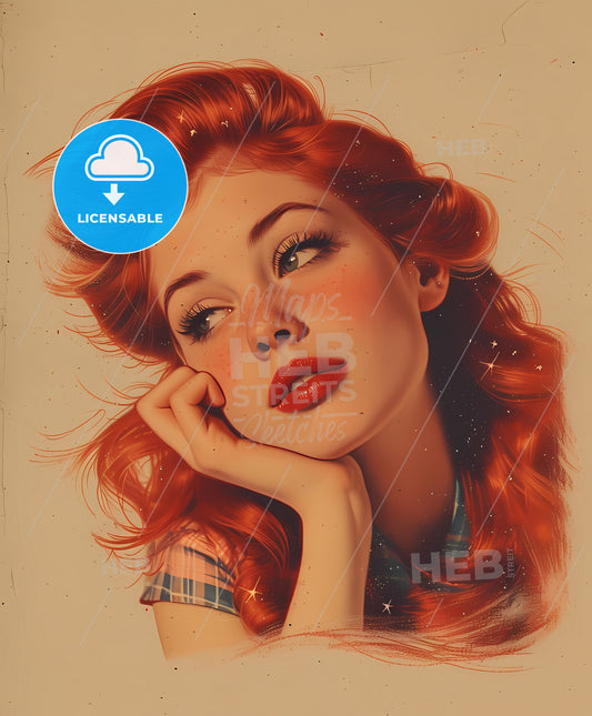 stewardess, vintage pin-up, a woman with red hair and red lipstick