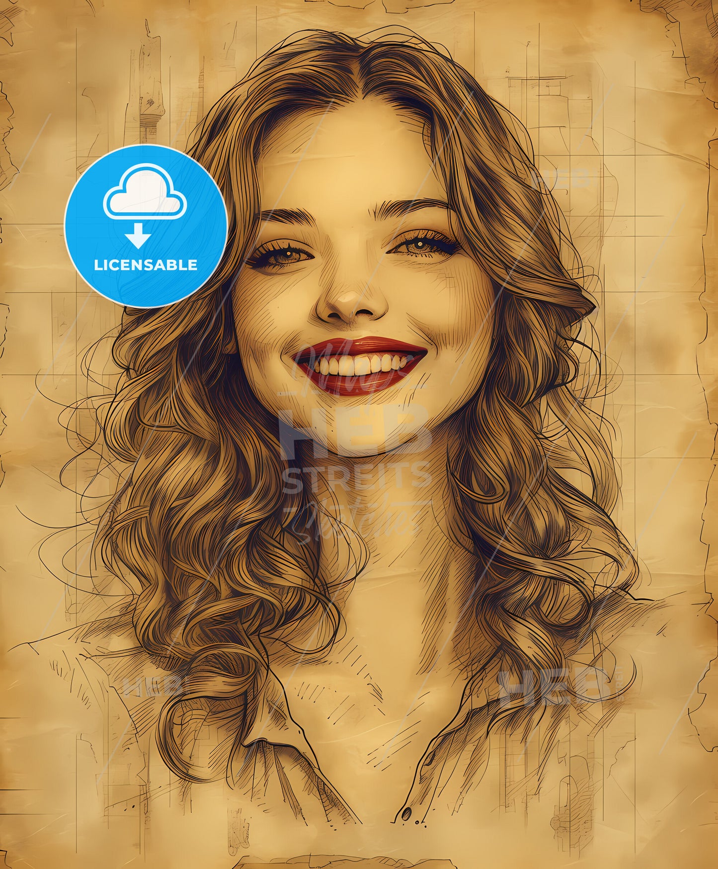 Bettys, Boudoir Pin Up Art, sweeping overdrawn lines, a woman with long curly hair smiling
