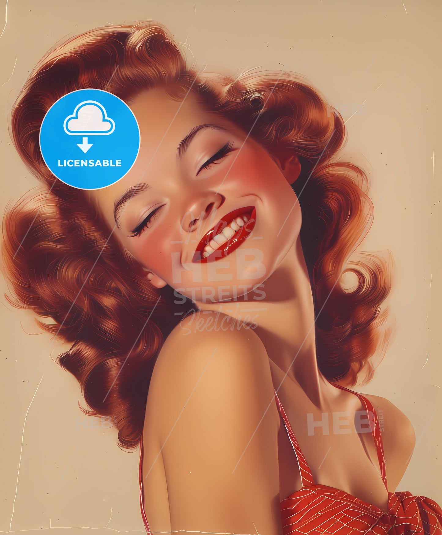 Bettys, Boudoir Pin Up Art, sweeping overdrawn lines, a woman with red hair and red lipstick smiling