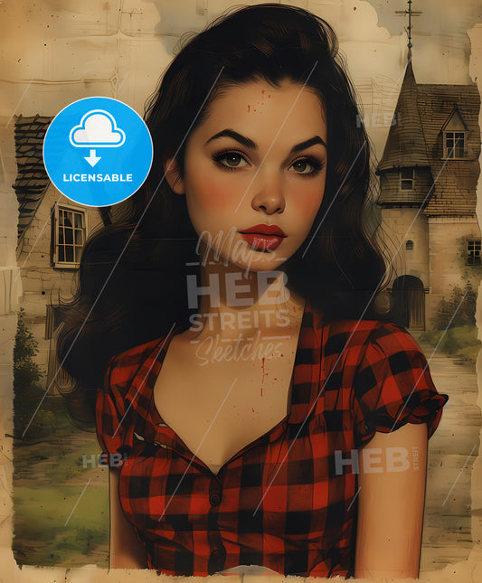 Strange, girl in creepy village, a woman with long hair wearing a red and black plaid shirt