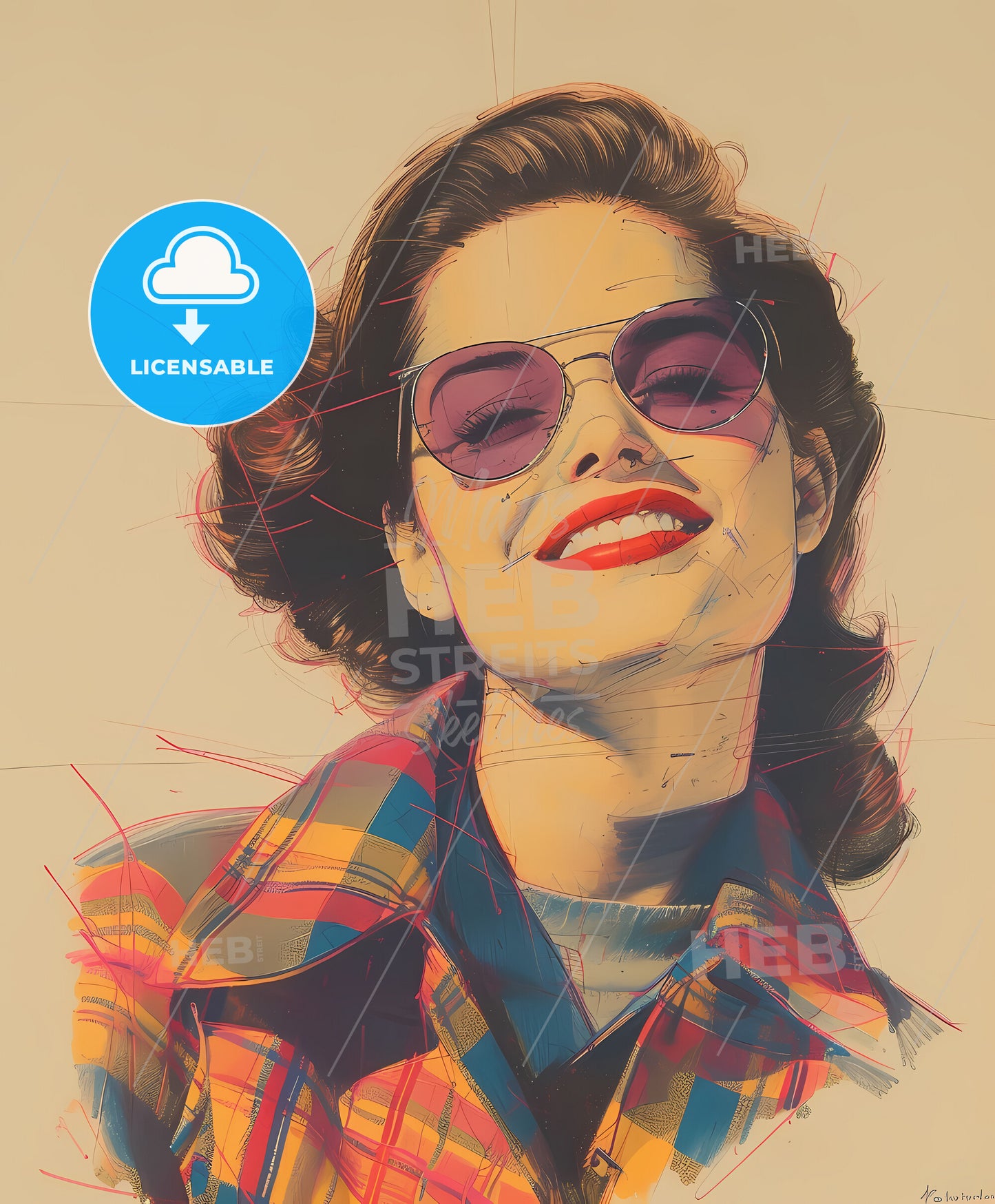 Portrait, Pin-up, moochrome ink sketch portrait, a woman wearing sunglasses and smiling