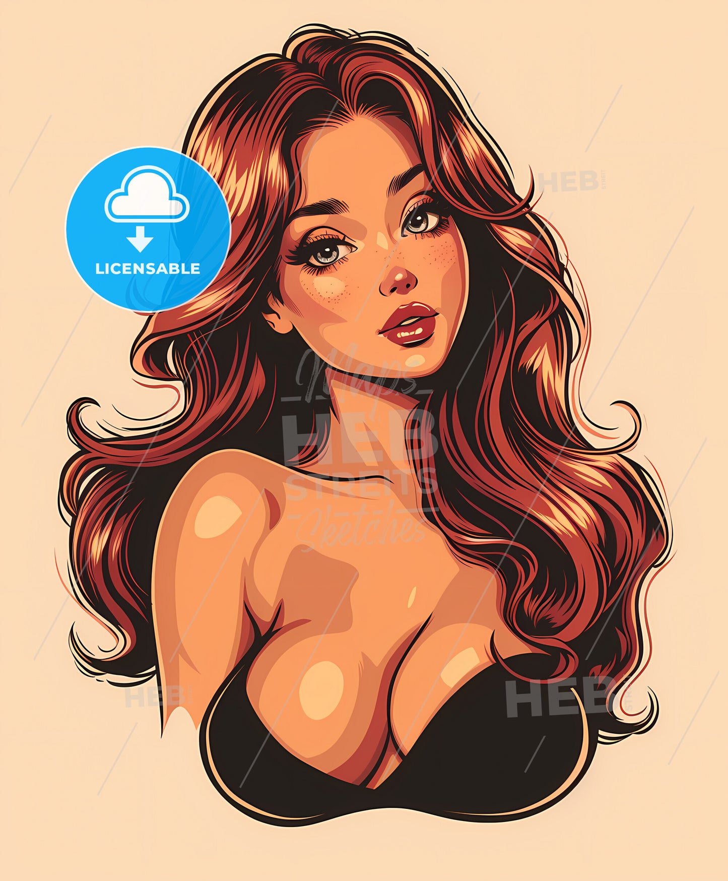 retro, vintage pin-up, art illustration , a woman with long hair
