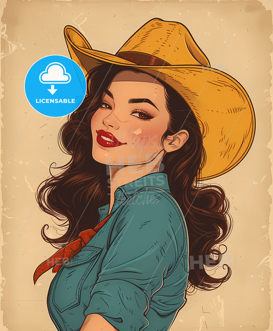 cowgirl, smiling and winking, sweeping overdrawn lines, a woman wearing a cowboy hat