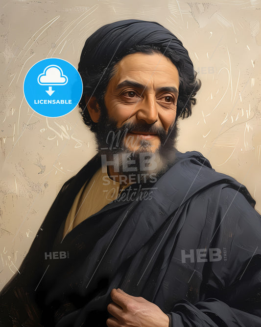 Al-Farabi, 872 - 950, a man with a beard and a black robe