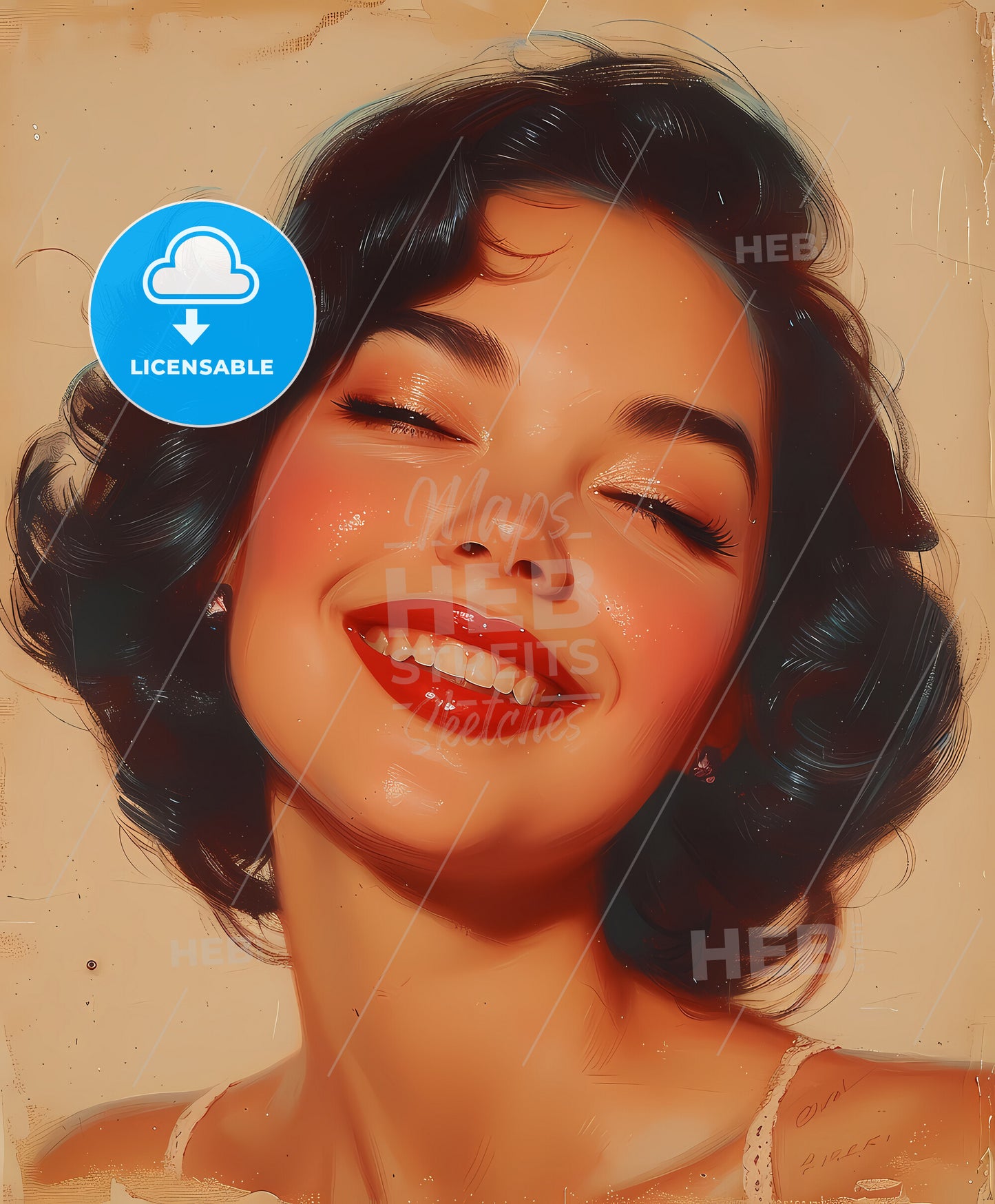 Peek, A Boo, sweeping overdrawn lines, a woman with dark hair and red lipstick smiling
