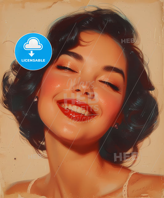 Peek, A Boo, sweeping overdrawn lines, a woman with dark hair and red lipstick smiling