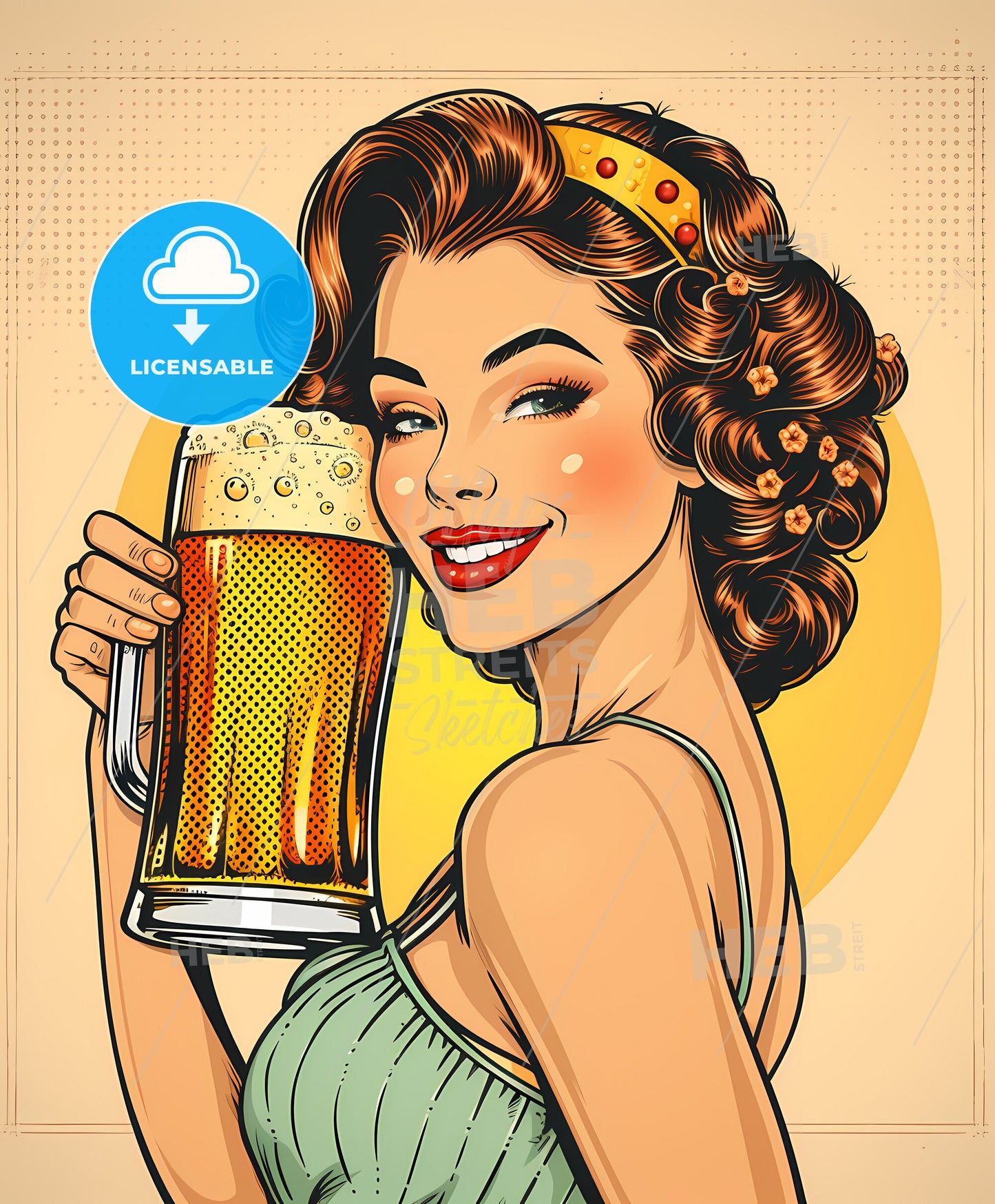 Oktoberfest, woman with beer, pin-up pop art, a woman holding a glass of beer