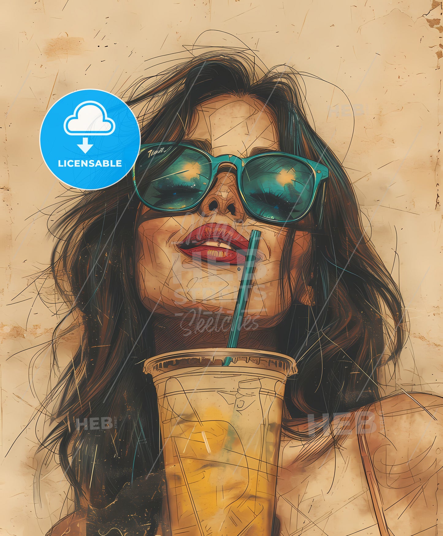 watch over sunglasses, watch over sunglasses, sweeping overdrawn lines, a woman wearing sunglasses and drinking from a plastic cup
