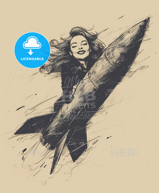 riding, a nuke, Vintage art illustration, a woman holding a rocket