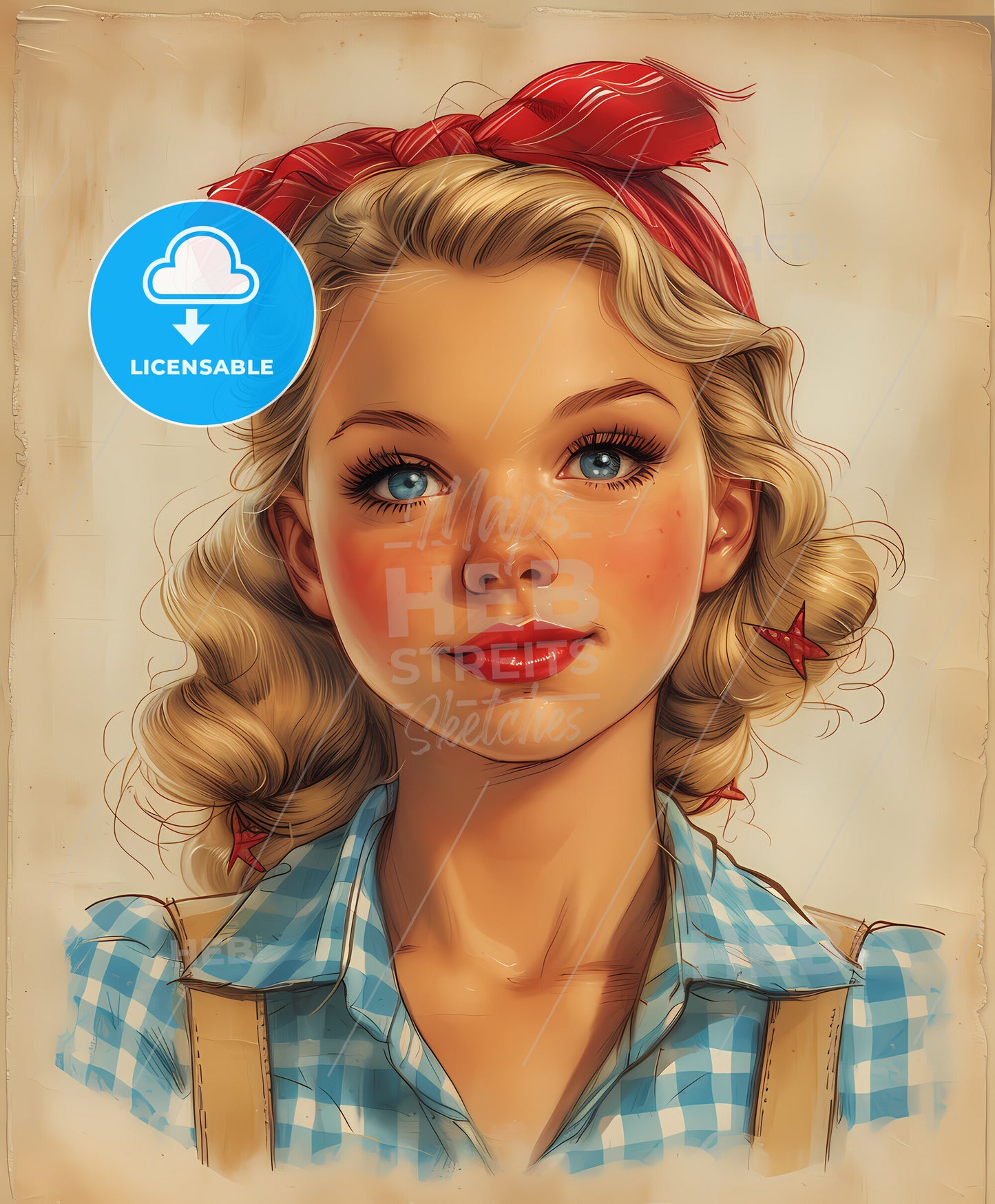 retro, vintage pin-up, art illustration , a woman with blonde hair and red bow
