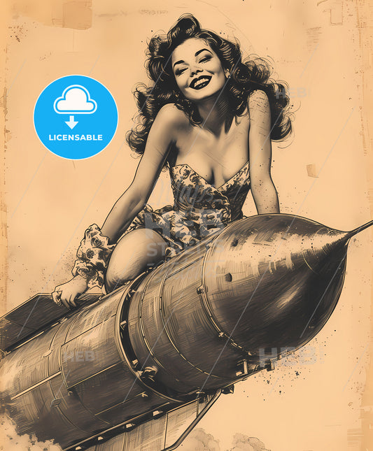 riding, a nuke, Vintage art illustration, a woman sitting on a rocket