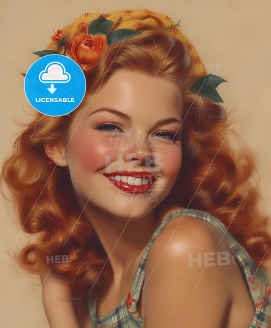 Peek, A Boo, sweeping overdrawn lines, a woman with red hair and flowers in her hair