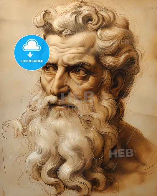 Poseidon, Neptune, God of the Sea, a drawing of a man with a long beard