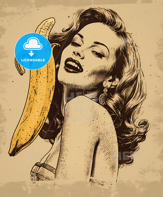pretty girl, trendy makeup, film noir style, a woman holding a banana