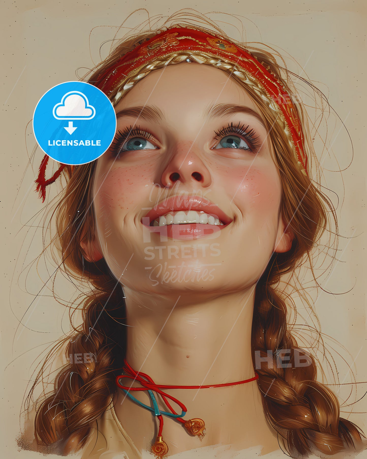 Regent of Kievan Rus, Olga of Kiev, c. 890 - c. 969, a woman with braided hair and red necklace looking up