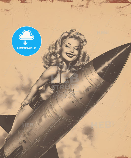 riding, a nuke, Vintage art illustration, a woman in garment holding a rocket