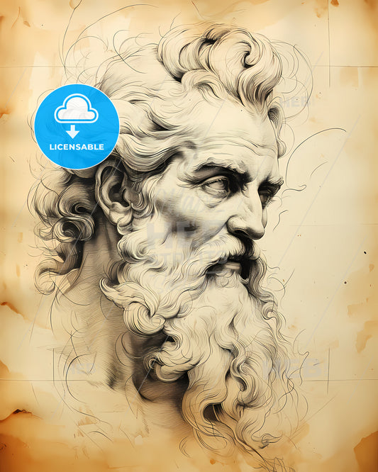 Poseidon, Neptune, God of the Sea, a drawing of a man with a beard