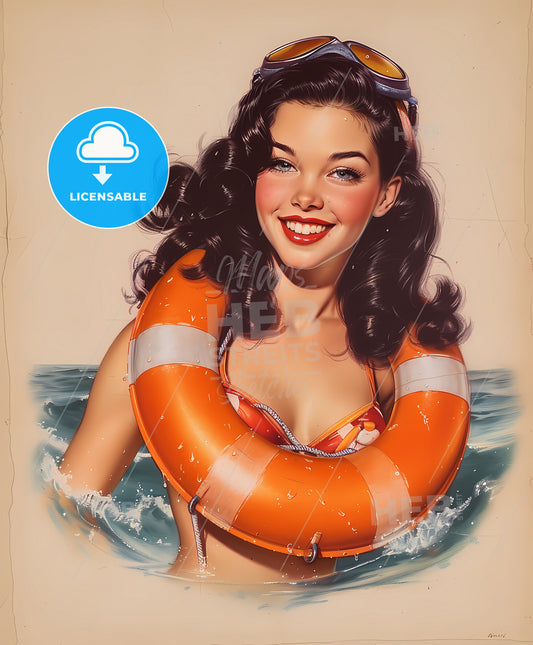 lifeguard, shoulder view, sweeping overdrawn lines, a woman in a swimsuit with an orange life buoy