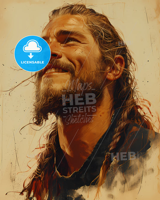Egil, Skallagrimsson, c. 910 - c. 990, a man with long hair and braided hair smiling