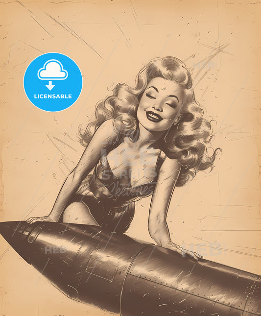riding, a nuke, Vintage art illustration, a woman leaning on a missile