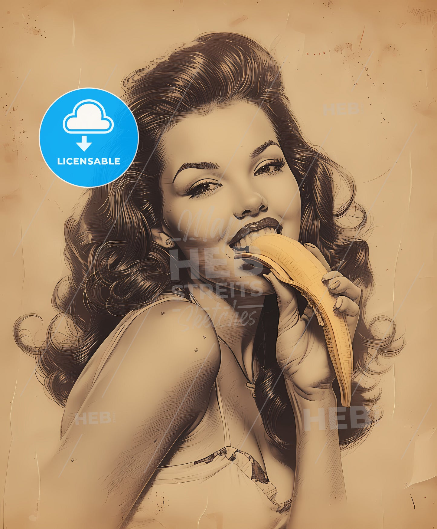 pretty girl, trendy makeup, film noir style, a woman eating a banana