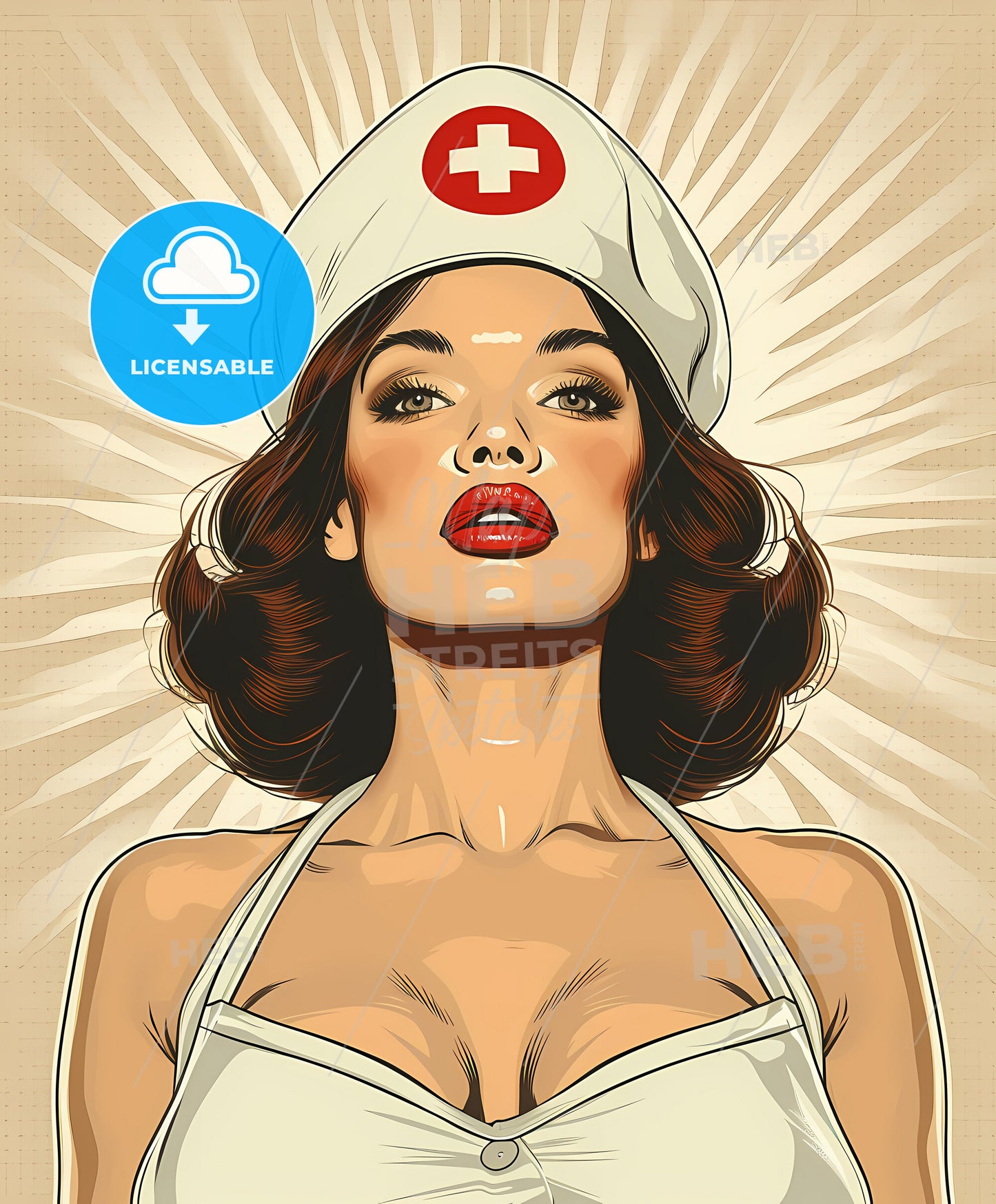 illustration, nurse, sweeping overdrawn lines, a woman wearing a nurse hat