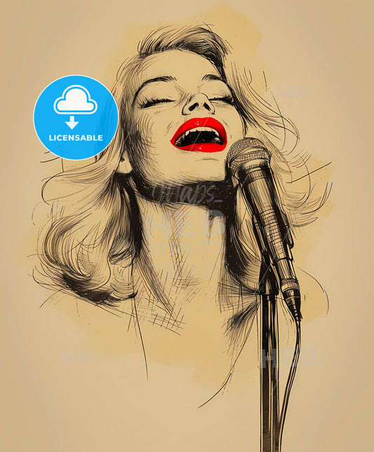 beautiful, blonde, smiling and winking, a drawing of a woman singing into a microphone