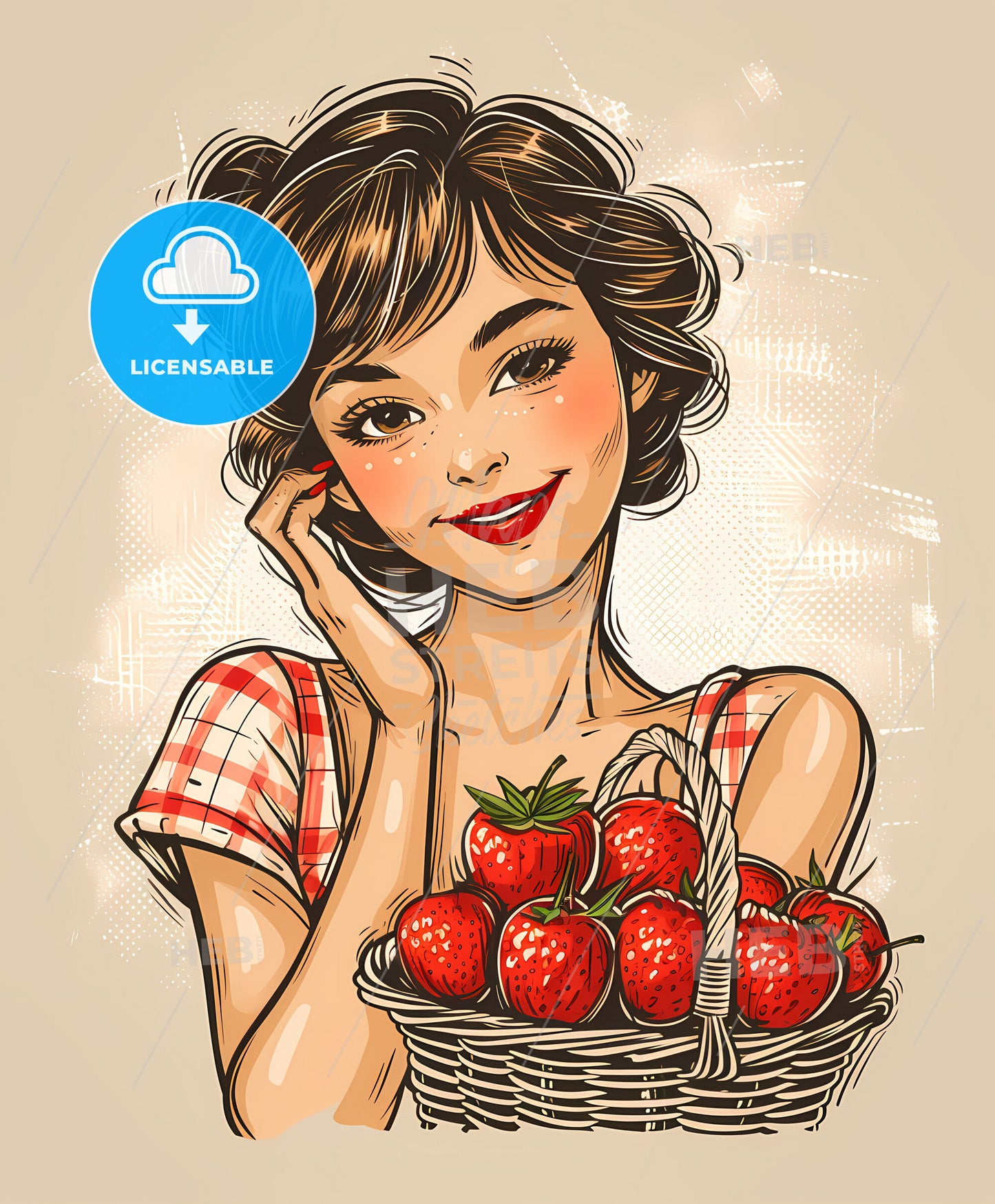 Happy, attracttive, sweeping overdrawn lines, a woman holding a basket of strawberries