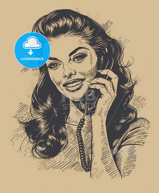 Emotional, pin-up, sweeping overdrawn lines, a woman holding a phone