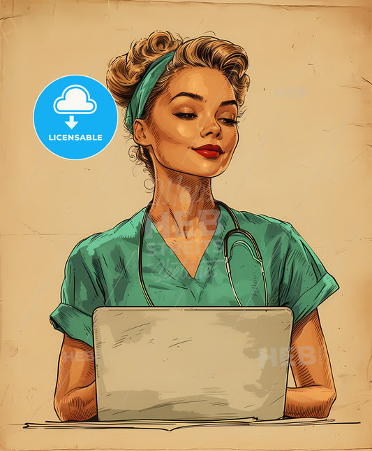 Attentive, nurse, sweeping overdrawn lines, a woman in scrubs and stethoscope holding a laptop