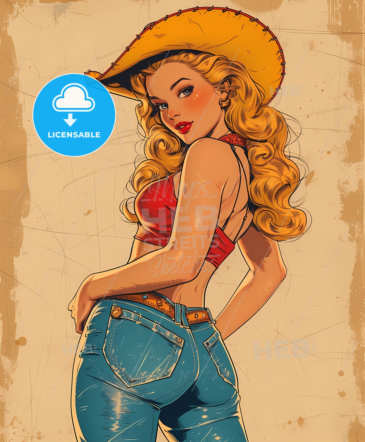 Beautiful , cowgirl, Vintage art illustration, a woman in a cowboy hat