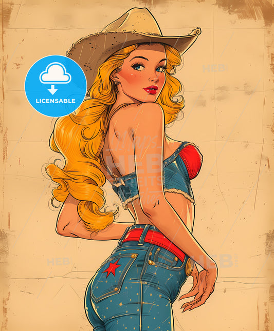 Beautiful , cowgirl, Vintage art illustration, a woman wearing a cowboy hat