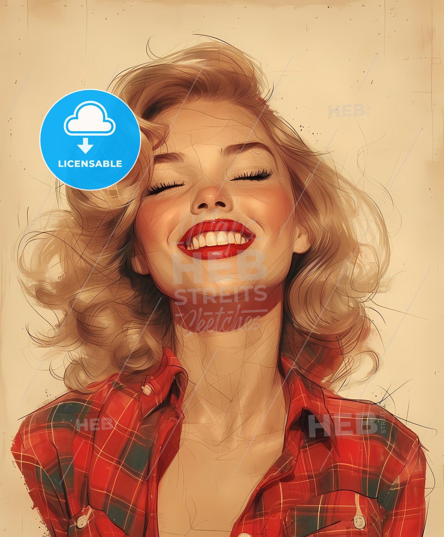 fishing, girl, sweeping overdrawn lines, a woman with blonde hair and red lipstick