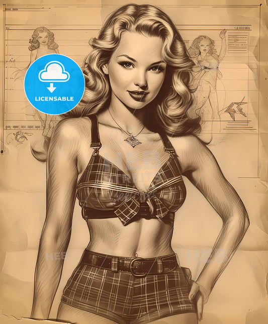 pinup, girl, sweeping overdrawn lines, a woman in a garment and shorts