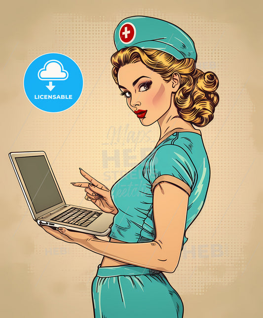 Attentive, nurse, sweeping overdrawn lines, a woman in a nurse uniform holding a laptop