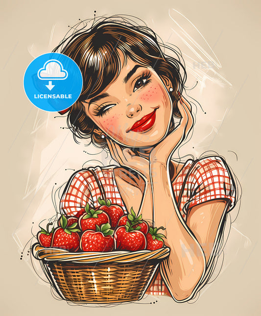 Happy, attracttive, sweeping overdrawn lines, a woman holding a basket of strawberries