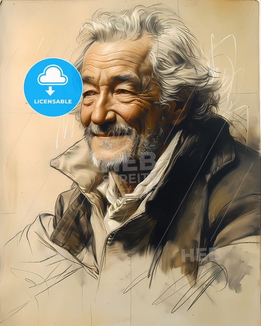 Denis, Diderot, 1713 - 1784, a man with white hair and beard smiling