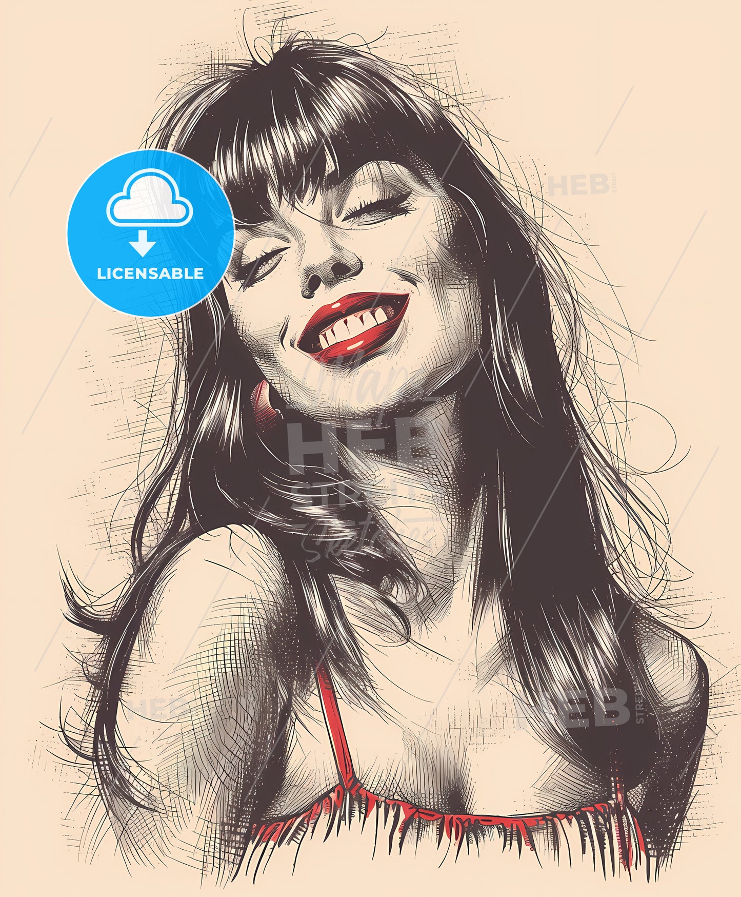 Pin-up, girl and retro car, sweeping overdrawn lines, a woman with long hair and red lipstick smiling