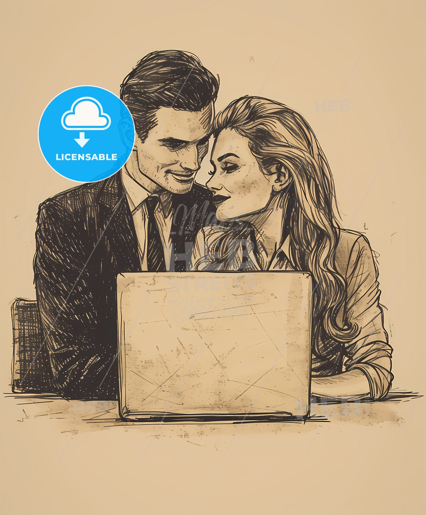 Two, busy professionals, a man and woman sitting at a table with a laptop