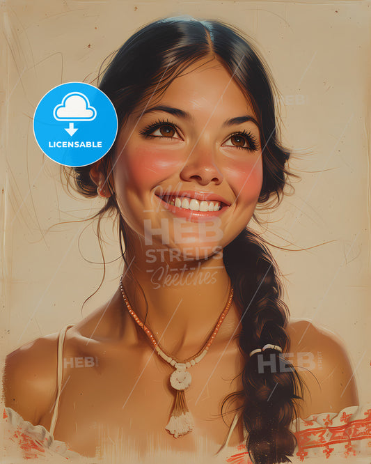 Sacajawea, c. 1788-1812, a woman smiling with braided hair and necklace