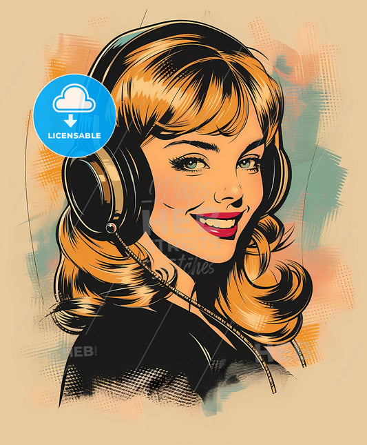 Pop art, pretty blonde, moochrome ink sketch portrait, a woman wearing headphones