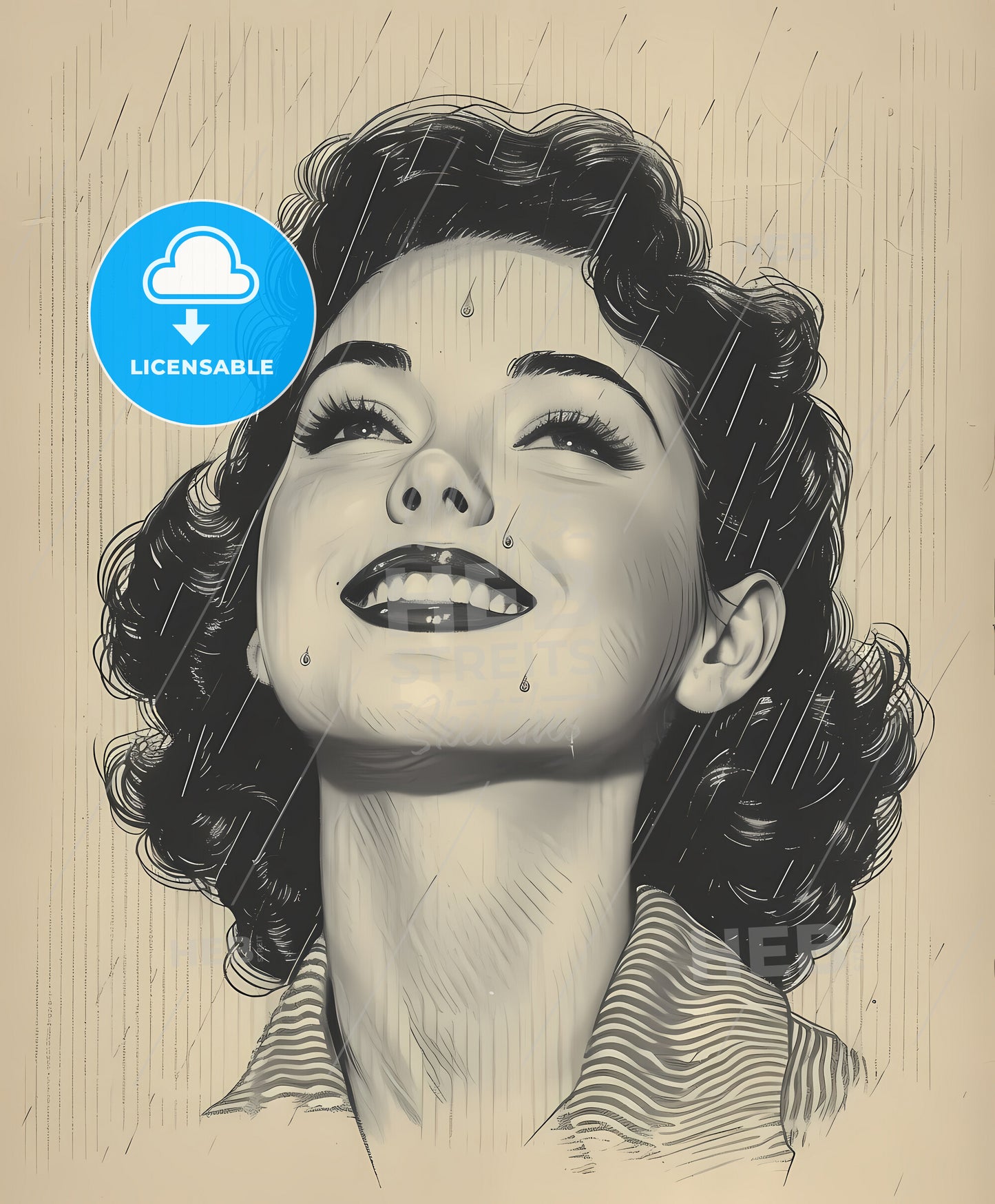 Rainy Day Paris, Woman, sweeping overdrawn lines, a woman with short curly hair smiling