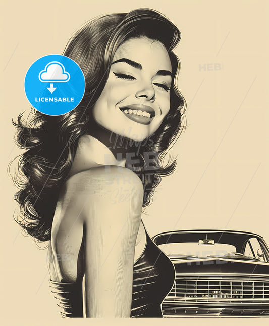 Garage, pin-up girl, a woman with long hair and a car