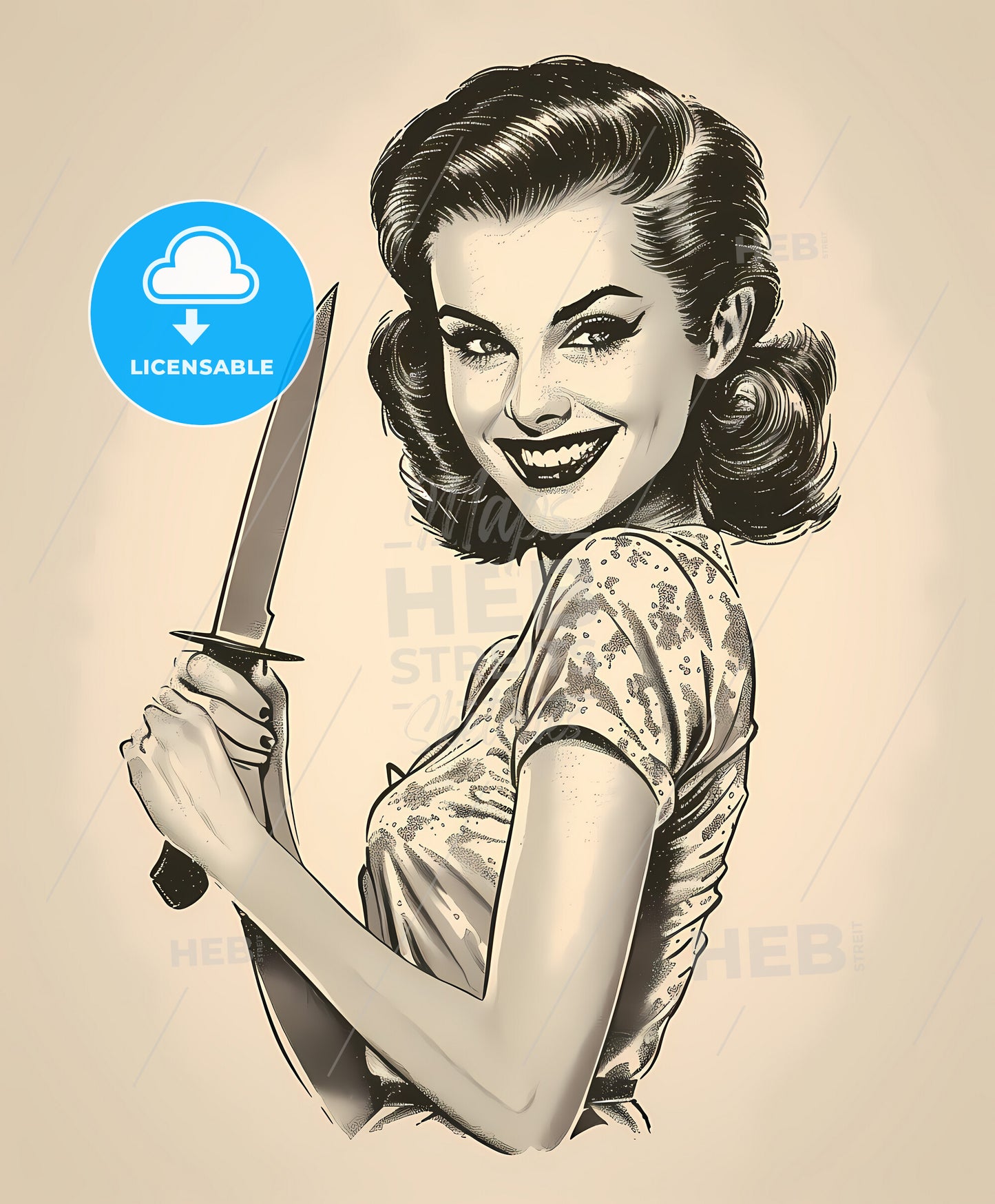 pretty girl, 50s style retro, film noir style, a woman holding a knife