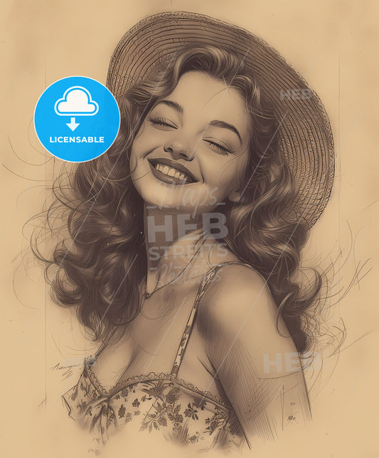 woman, hat in dresse, Vintage art illustration, a woman with long hair wearing a hat and smiling