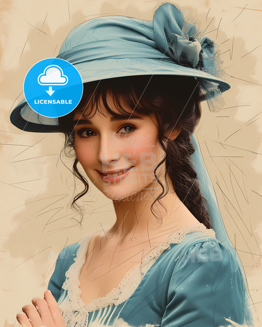 Jane, Austen, 1775 - 1817, a woman in a blue dress and hat