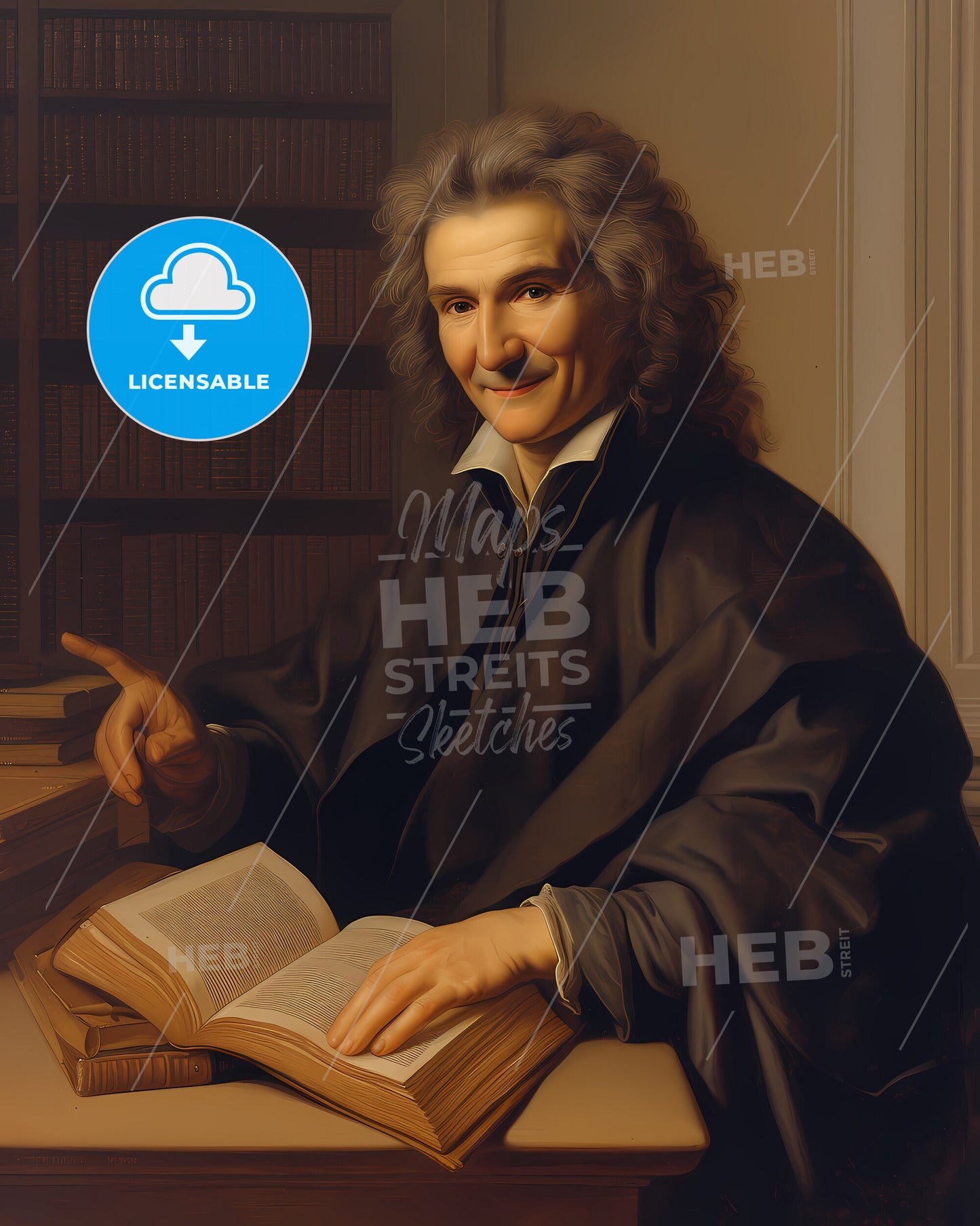 Pierre, de Fermat, 1601 - 1665, a man in a robe pointing at a book