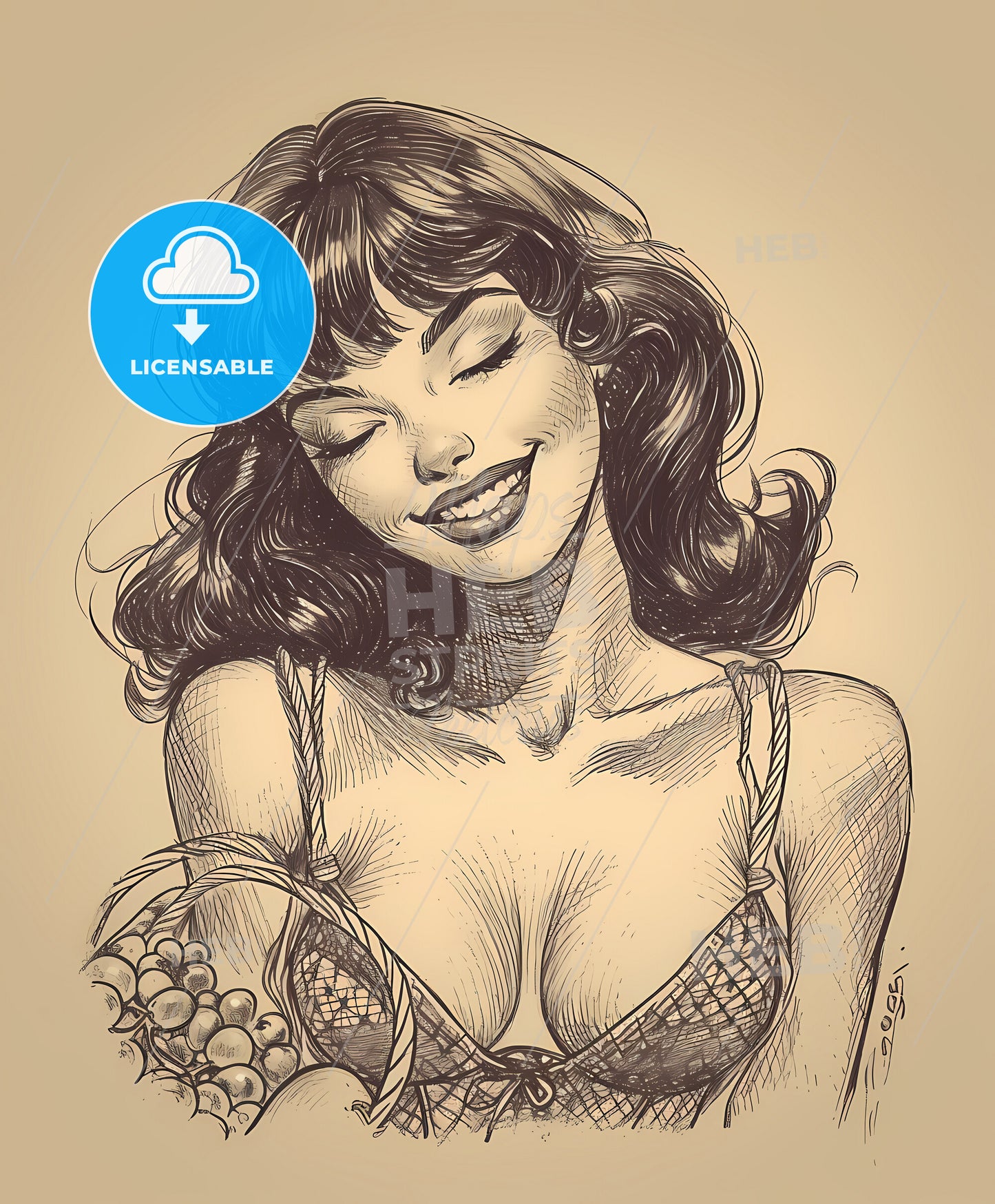 Happy, attracttive, sweeping overdrawn lines, a drawing of a woman smiling
