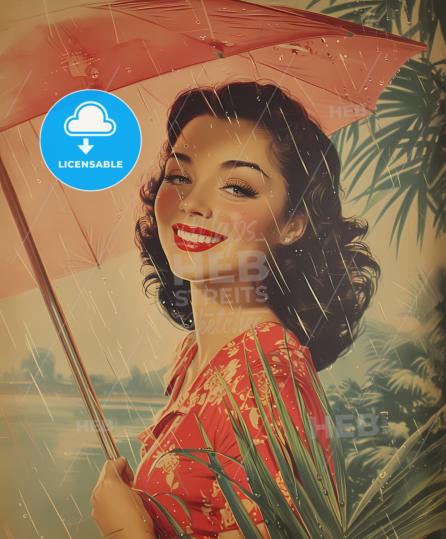 Rainy Day Paris, Woman, sweeping overdrawn lines, a woman holding an umbrella
